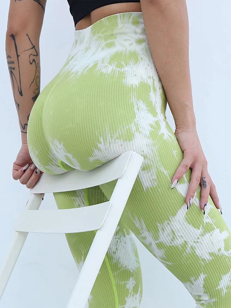 Fashion Tie-dye Ribbed High Waisted Yoga Leggings Women Tight Fitting Hip Lifting Yoga Pants