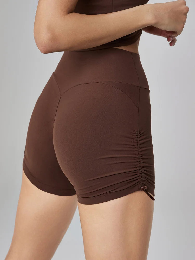 Women Fashion Solid Drawstring Sports Yoga Shorts Fitness Hip Lifting Tight Workout Clothing High Waist Breathable Gym Shorts